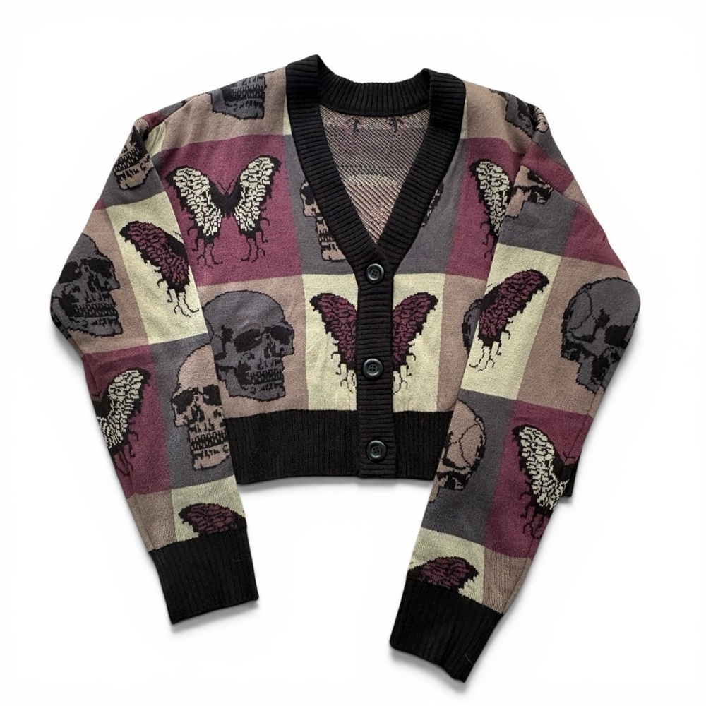 Social Collision Skull Butterfly Moth Color-Block Crop Cardigan Goth Sweater